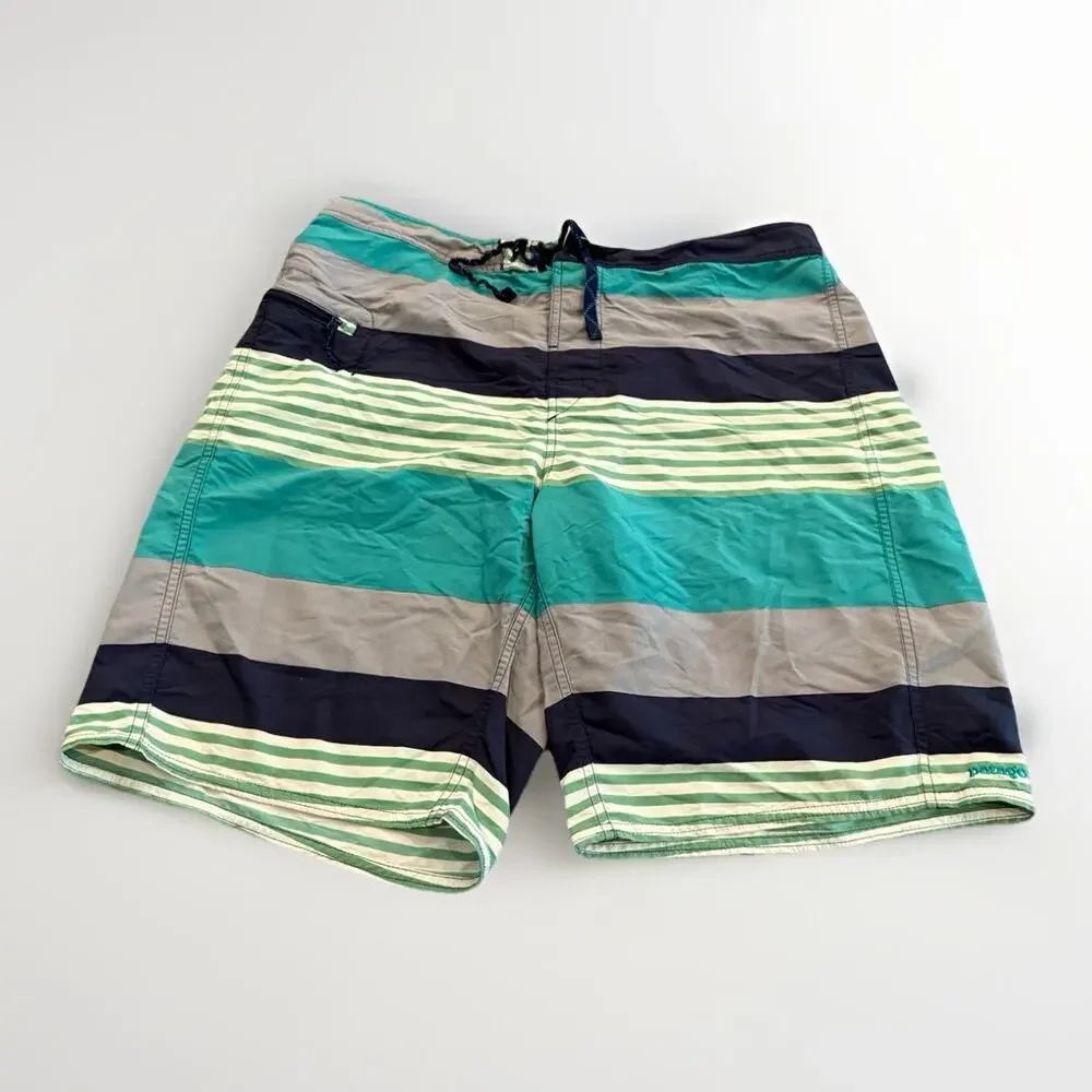 Patagonia Board Shorts Mens Size 35 Green Gray Striped Unlined Swim Trunks Beach
